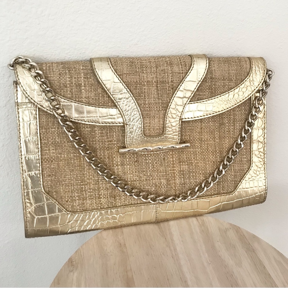 Elaine Turner Over-Sized Raffia Envelope Clutch with Gold Embossed Croc leather